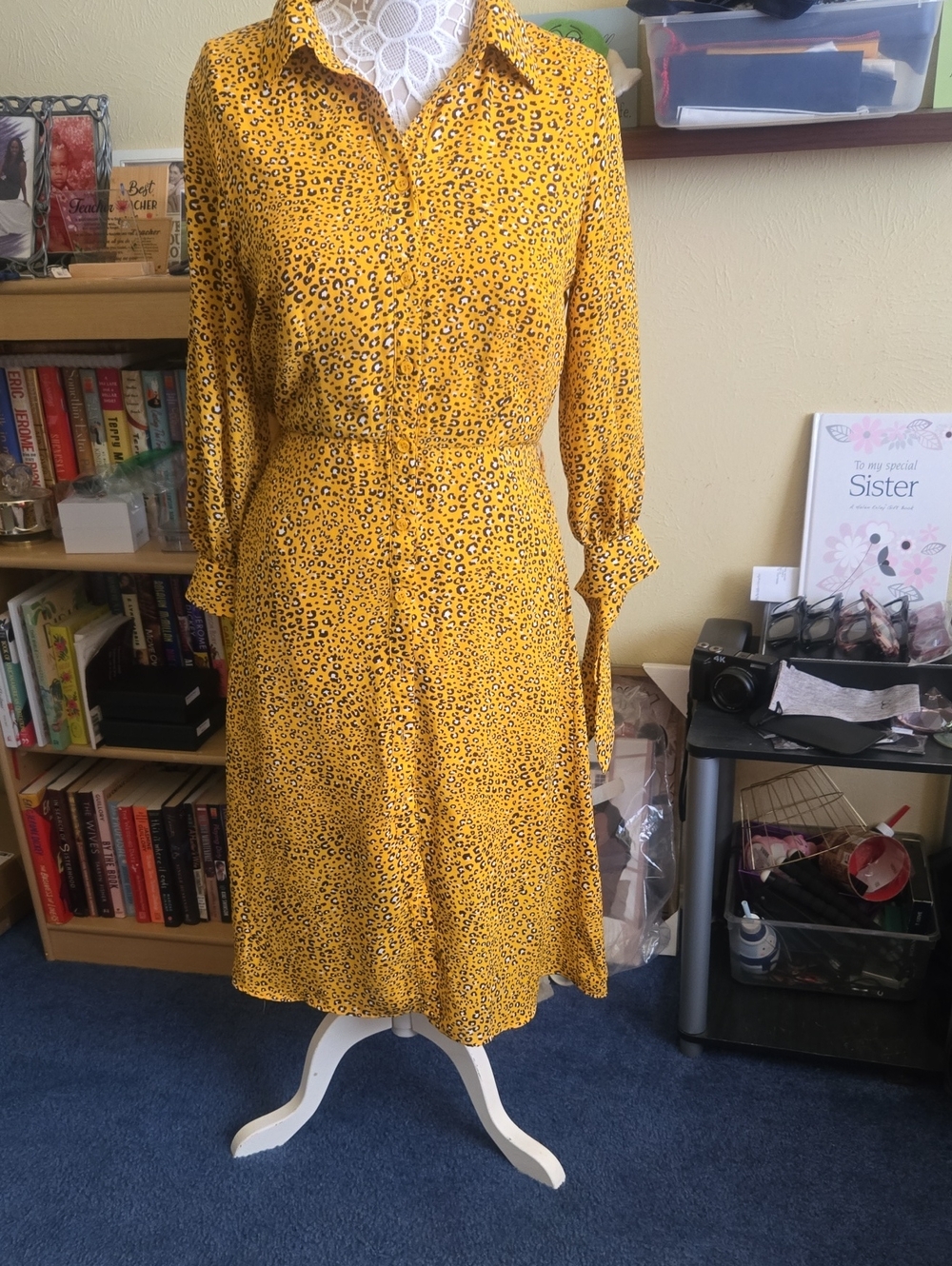 New York & Company Yellow Leopard-Print Button-Front Shirt Dress